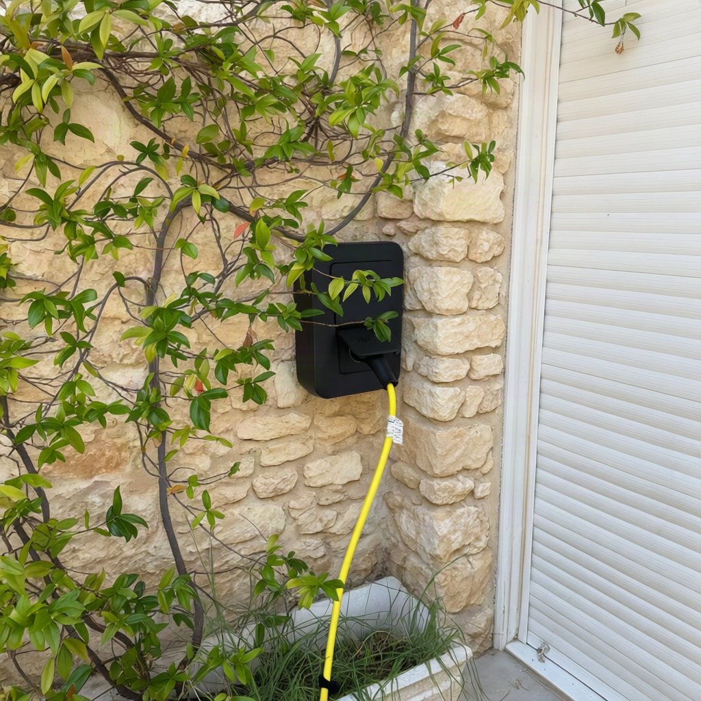 Borne de recharge pour véhicule électrique installée sur un mur en pierre provençale, véhicule en charge